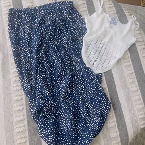White Knit Tank Top and Blue Polka Dot Skirt Set